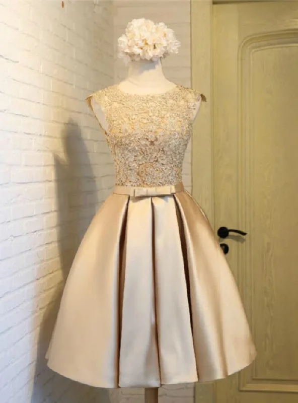women's maxi dressesGold Satin Lace Homecoming Dress