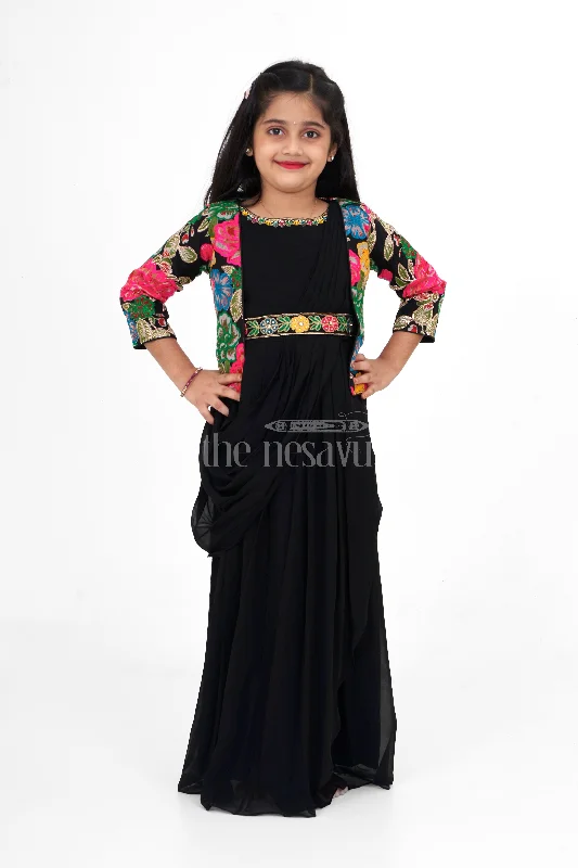 women's mother of the bride dressesBlack Georgette Girls Party Gown with Multicolor Floral Embroidered Jacket for Weddings and Celebrations women's mother of the bride dressesBlack Georgette Girls Party Gown with Multicolor Floral Embroidered Jacket for Weddings and Celebrations