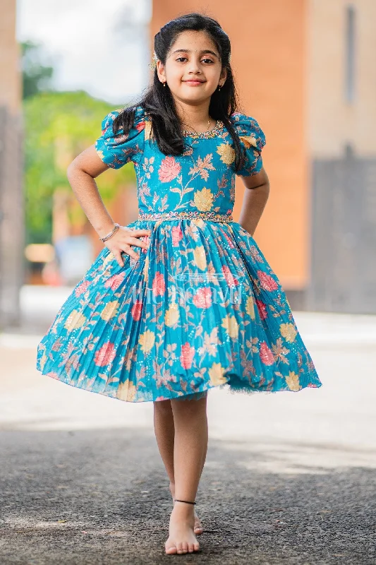 women's chiffon dressesGirls Blue Floral Silk Party Frock with Puff Sleeves and Embellished Waistline
