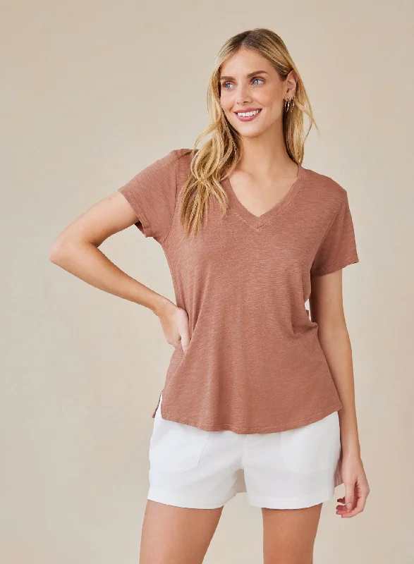 Men's Shirts with Embroidered DesignsSide Slit V-Neck Tee - Terracotta Brown