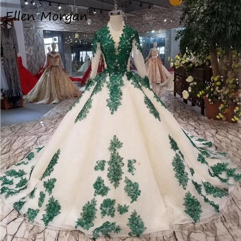Wedding DressArabic Glitter Ivory with Dark Green Lace  Vintage Evening Dress