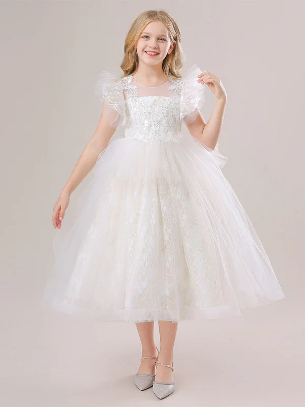 Vintage DressBall Gown Scoop Flying Sleeves Sequins Flower Girl Dresses