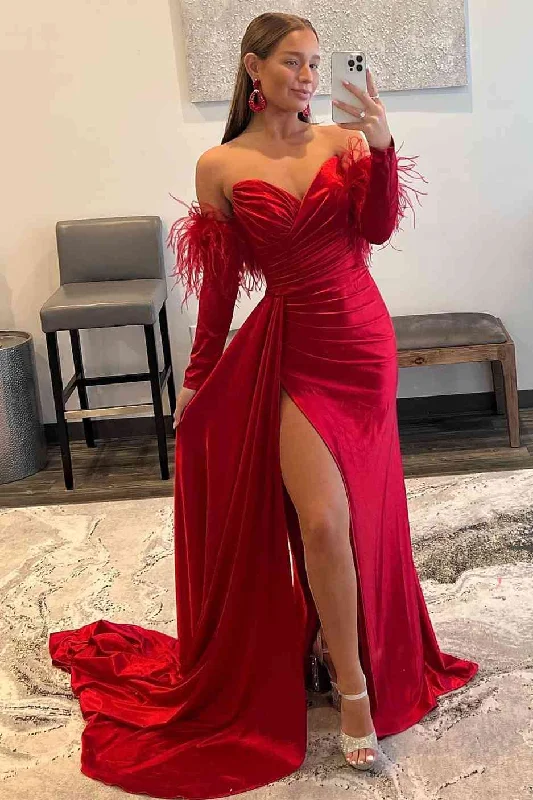 Laced-Up DressSweetheart Pleated Red Formal Dress with Detachable Sleeves