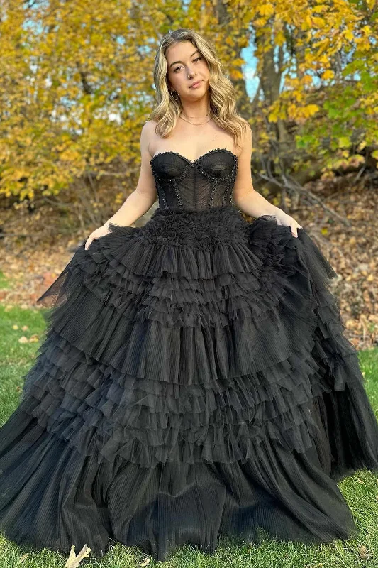 High-Low DressMarjorie | Black Sweetheart Beaded Tiered A-Line Formal Dress