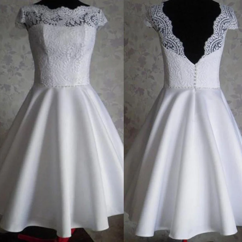 women's vacation dressesCustom made Cap Sleeves Lace Satin Short A Line Wedding Dresses, Tea Length Bridal Gown women's vacation dressesCustom made Cap Sleeves Lace Satin Short A Line Wedding Dresses, Tea Length Bridal Gown