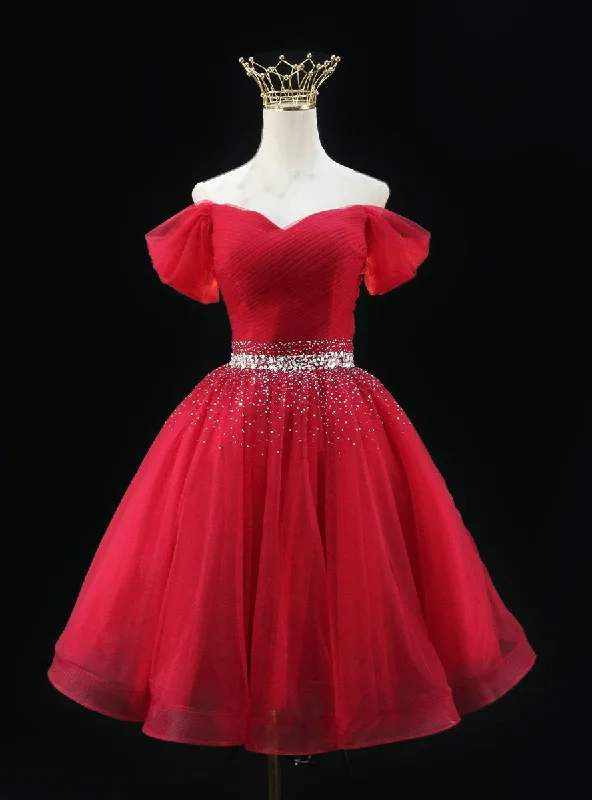 Bow-Tie DressBurgundy Tulle Off the Shoulder Pleats Beading Homecoming Dress