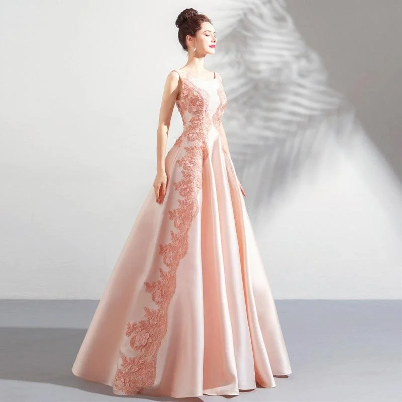 Scoop-Neck DressLight Pink Elegance Satin Lace Sleeveless Evening Dress