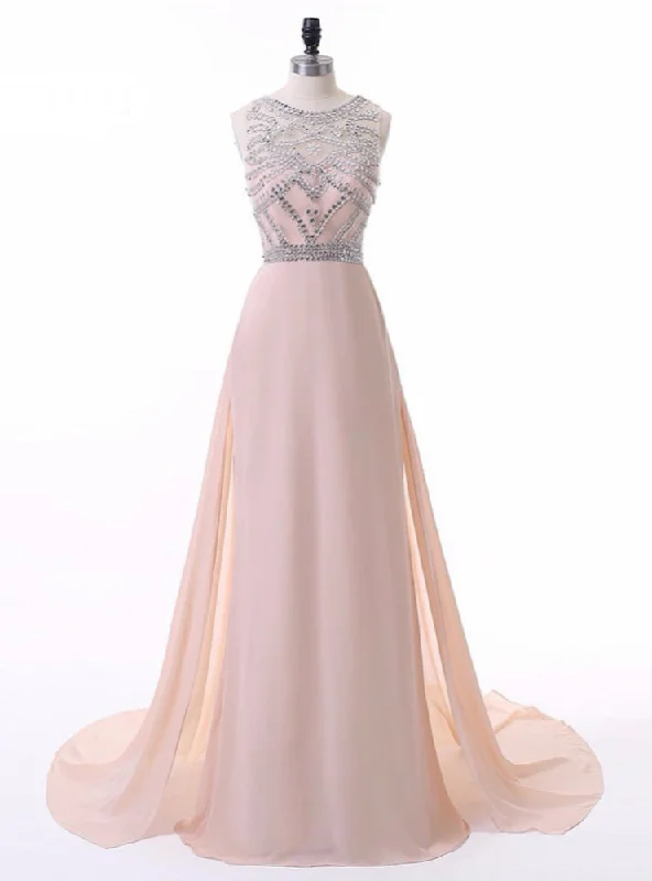 Elegant DressChiffon Beaded Scoop A Line Light Blue Evening Dresses Long