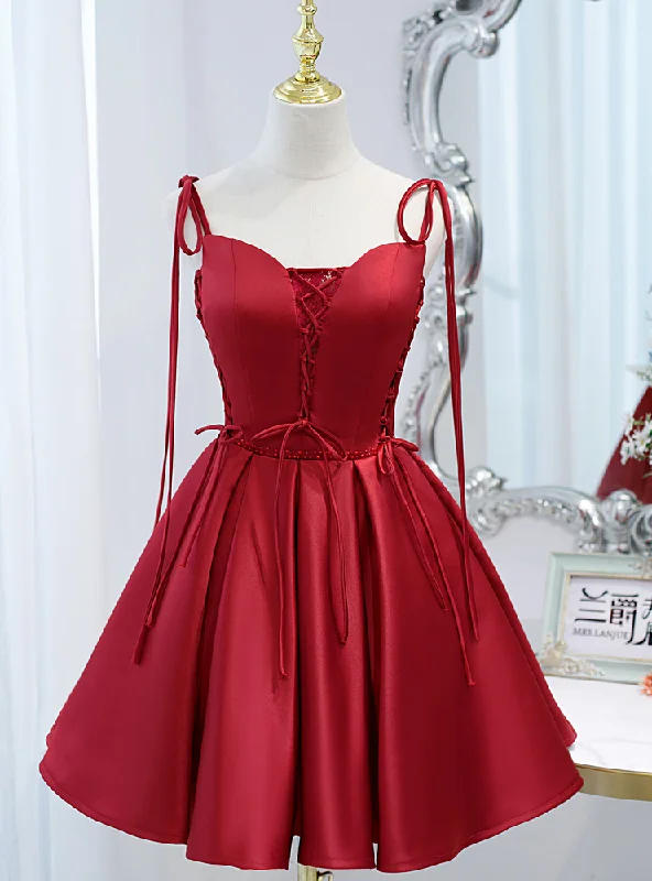 Bell-Sleeve DressBurgundy Satin Spaghetti Straps Homecoming Dress