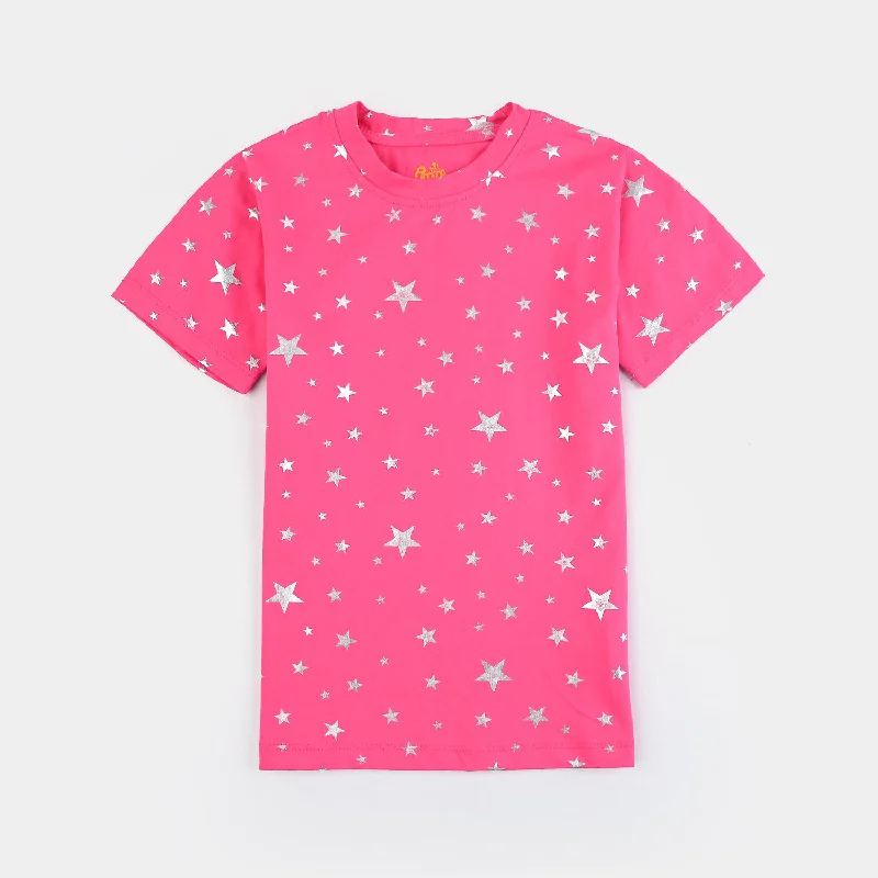 Men's Shirts with High NecksGirls Lycra Jersey T-Shirt H/S Silver Star-Pink
