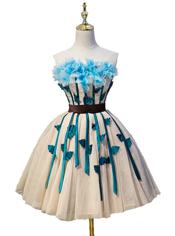 women's lace-up dressesChampagne Strapless Tulle Flower Homecoming Dress