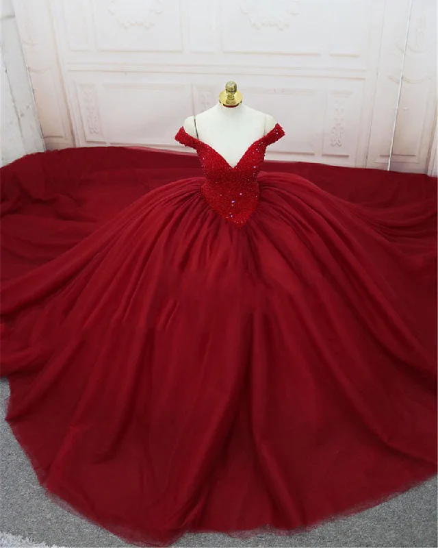 Chic DressLuxury Beading Prom Dresses Off the Shoulder ball Gown Wedding Gown 2019