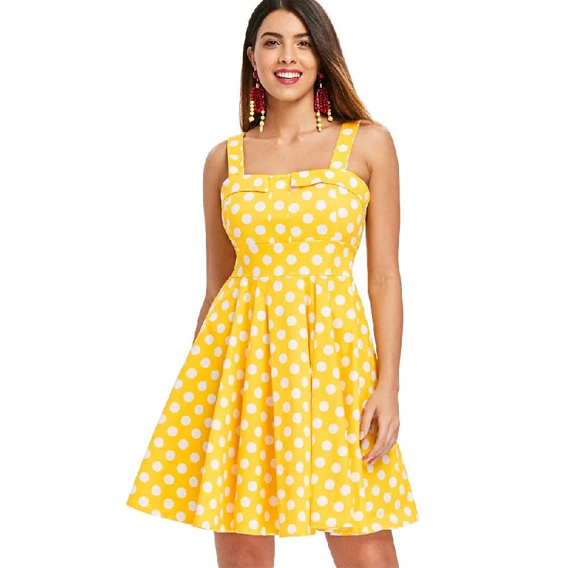 High-Low DressRetro Yellow Polka Dot Print Pleated Vintage Plus Size Party Dress