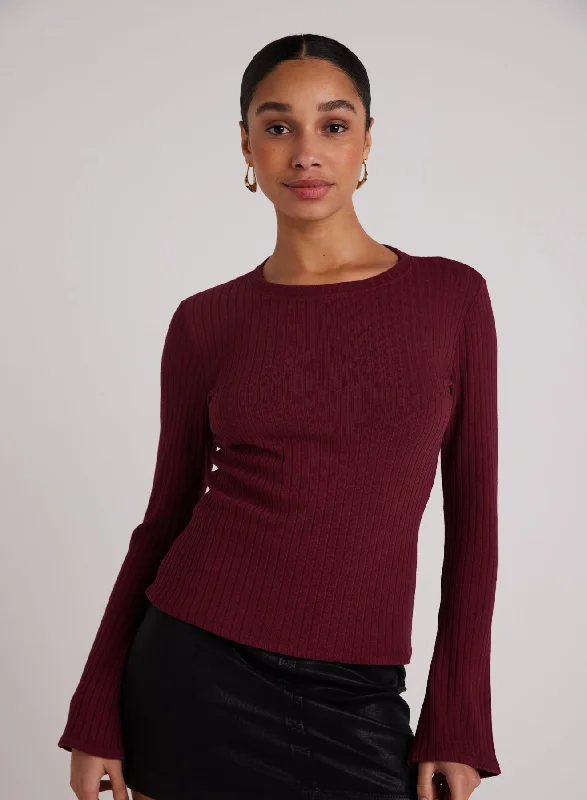 Men's Shirts with Geometric PatternsLong Bell Sleeve Rib Crew Tee - Sweet Merlot