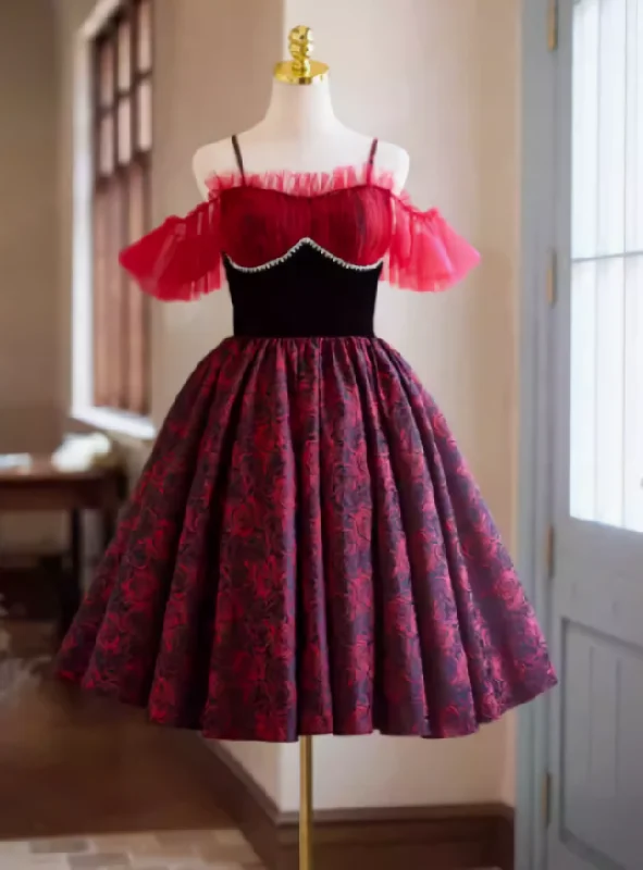 Bridesmaid DressBurgundy Print Spaghetti Straps Homecoming Dress