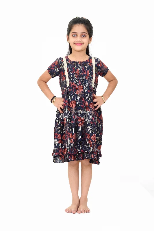 women's pear-shaped body dressesCharming Black Cotton Party Frock for Girls with Elegant Leaf Print and Frill Hem women's pear-shaped body dressesCharming Black Cotton Party Frock for Girls with Elegant Leaf Print and Frill Hem