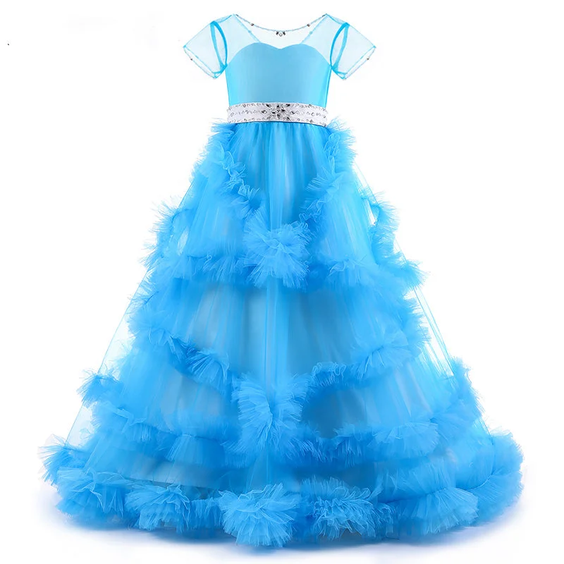 women's custom dressesBlue/Pink Short Sleeves Ball Gown Flower Girl Dresses Floor Length Children Pageant Gown
