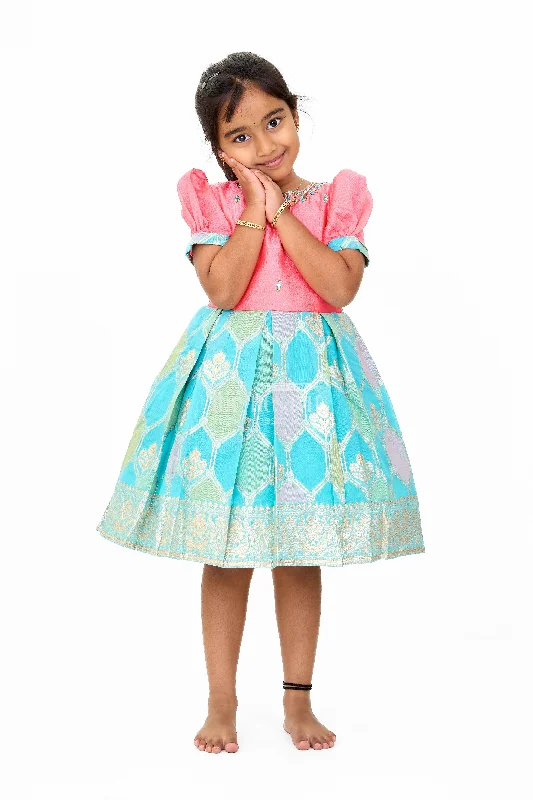 Ruffle DressGirls Blend Silk Party Frock with Stone Embellished Neckline and Contrast Skirt Ruffle DressGirls Blend Silk Party Frock with Stone Embellished Neckline and Contrast Skirt