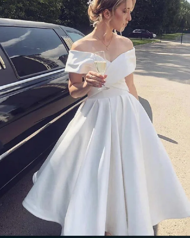 women's sleeveless dressesSatin A Line Off the shoulder Ivory/White Short Wedding Gown Party Dress Knee Length SP0815 women's sleeveless dressesSatin A Line Off the shoulder Ivory/White Short Wedding Gown Party Dress Knee Length SP0815