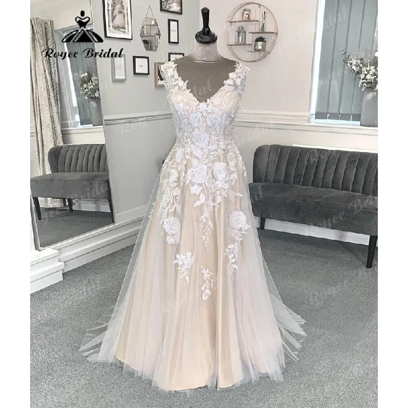 women's ruffle dressesSummer Lace Floral Champagne Women Wedding Dress with V Neckline Bridal Gwon Custom Made Backless sukienka na wesele Sexy women's ruffle dressesSummer Lace Floral Champagne Women Wedding Dress with V Neckline Bridal Gwon Custom Made Backless sukienka na wesele Sexy