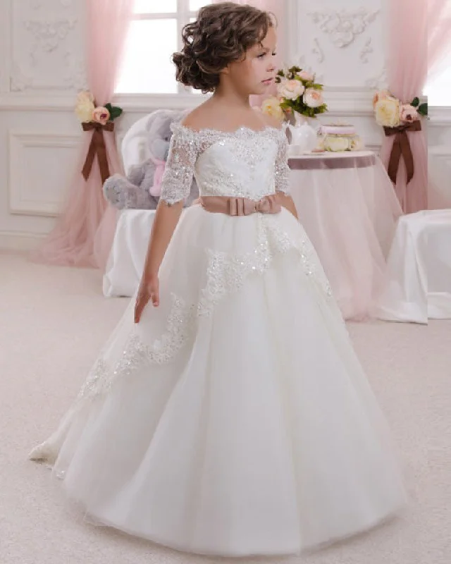 women's versatile dressesSweet Short Sleeves A Line Lace Flower Girl Dress Little Girls First Communion Gown SP032