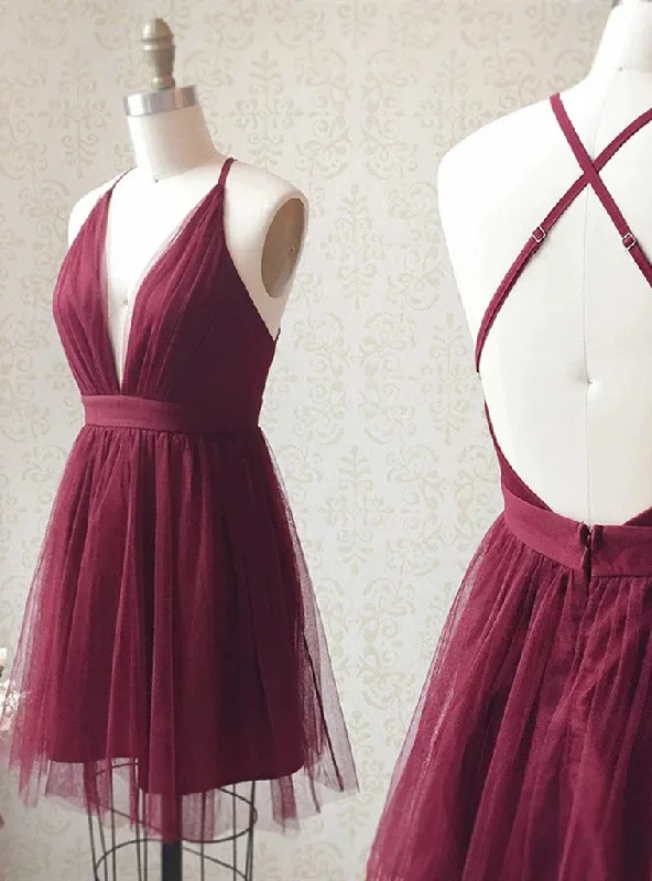 Solid Color DressBurgundy Tulle Deep V-neck Homecoming Dress