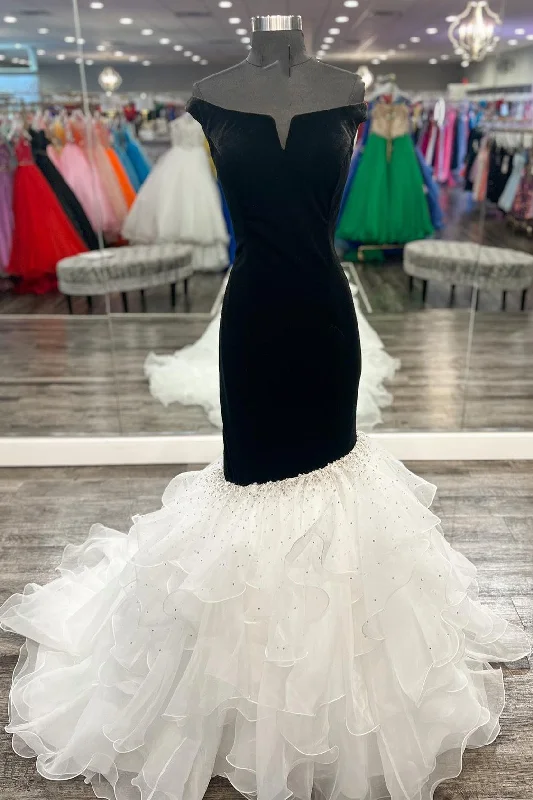 women's unique dressesBlack Velvet Off-the-Shoulder Multi-Layer Trumpet Formal Gown women's unique dressesBlack Velvet Off-the-Shoulder Multi-Layer Trumpet Formal Gown