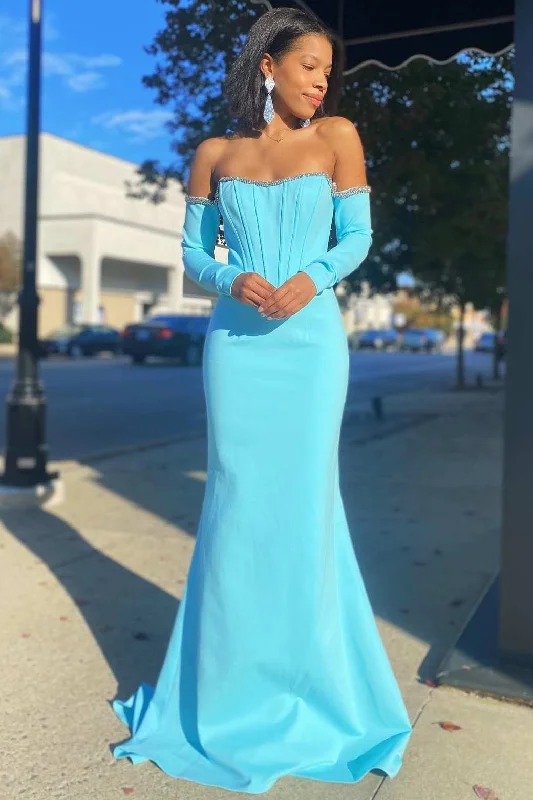 women's bespoke dressesAqua Off-the-Shoulder Long Sleeve Mermaid Formal Dress