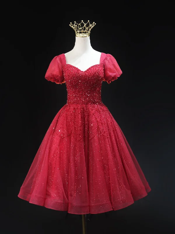 Peter Pan Collar DressBurgundy Tulle Sequins Short Sleeve Beading Homecoming Dress
