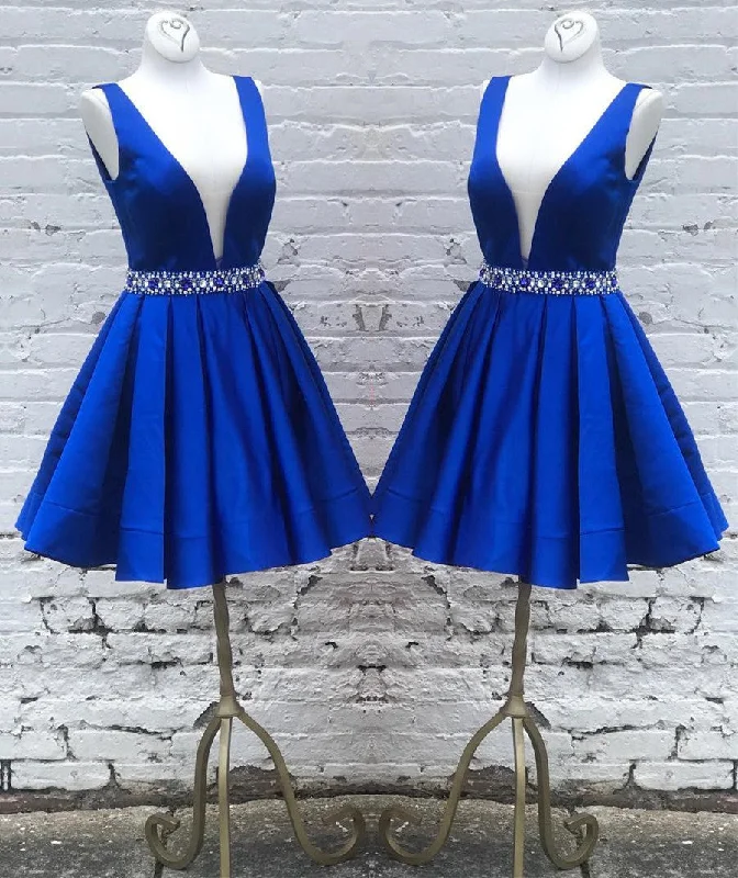 Peplum DressSiaoryne LP014 Royal Blue Short satin Elegant Homecoming Dress Graduation cocktail Semi formal Gowns Deep V Neck