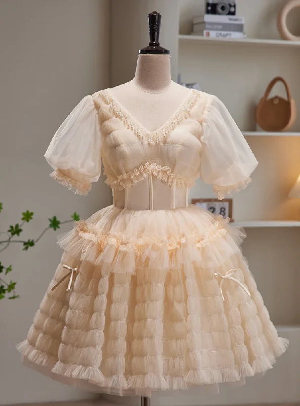 women's statement dressesChampagne Tulle V-neck Puff Sleeve Homecoming Dress