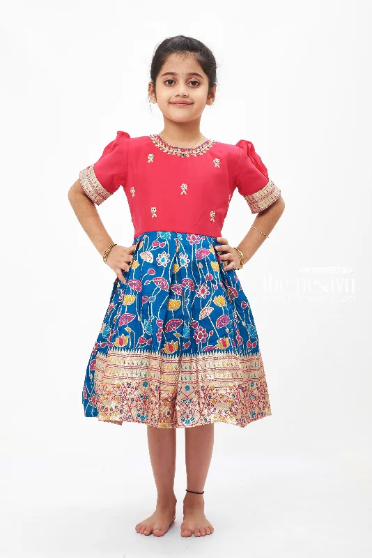 Nursing DressGirls' Luxurious Pink and Blue Embroidered Silk Party Frock with Floral Motifs