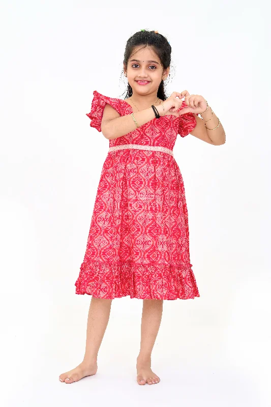 Ribbon DressGown for Girls Party Wear in Pink with Intricate Patterns and Ruffles