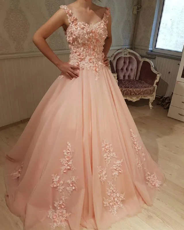 Floor-Length DressRomantic Lace Flowers Blush Pink Ball Gown Wedding Dresses Sweet 16 Dress PL2221 Floor-Length DressRomantic Lace Flowers Blush Pink Ball Gown Wedding Dresses Sweet 16 Dress PL2221