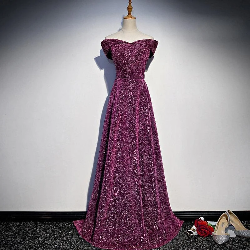 Spaghetti Strap DressSequined Boat Neck Cap Sleeves Long Evening Dress