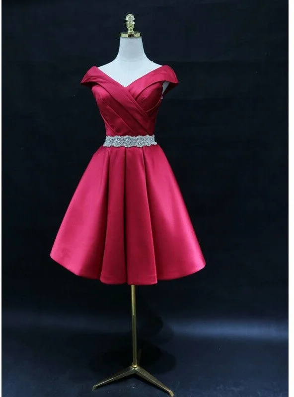 Shift DressBurgundy Satin Off the Shoulder Pleats Beading Homecoming Dress