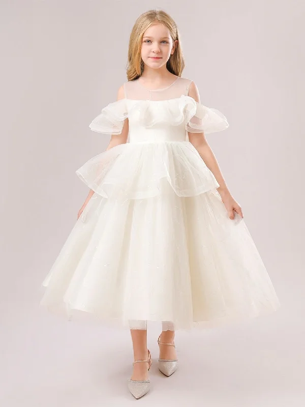 Bohemian DressBall Gown Cold Shoulder Short Sleeves Ruffles Flower Girl Dresses