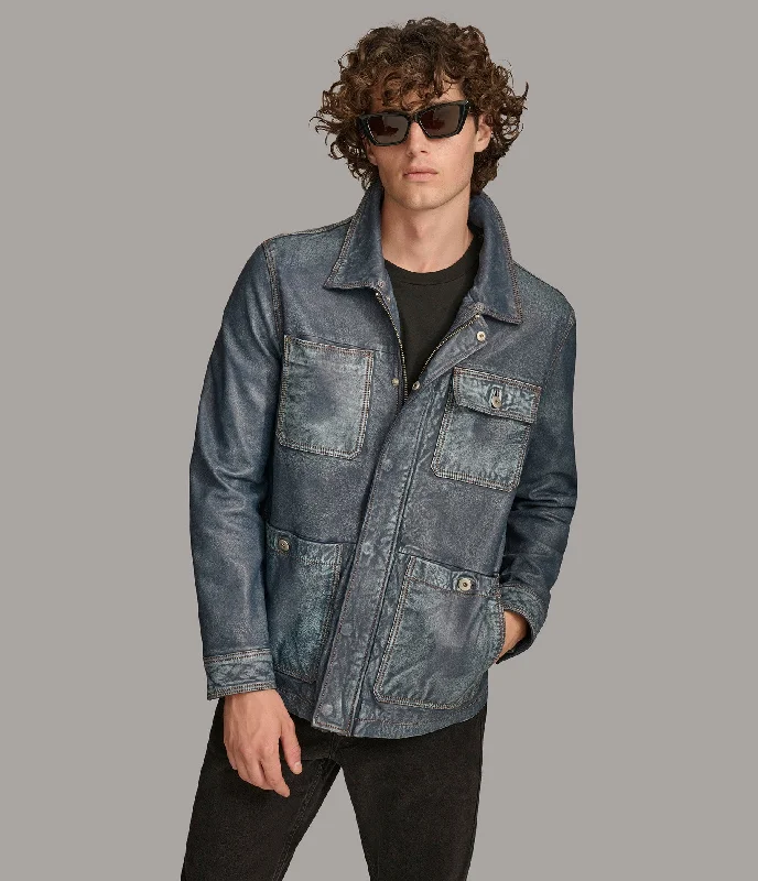 Men's Jeans with Fashionable RipsWesley Denim Leather Chore Jacket