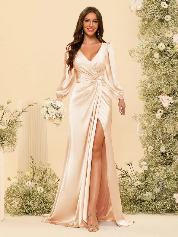 women's sheath dressesSheath/Column V-Neck Long Sleeves Formal Dresses with Split Side & Ruched women's sheath dressesSheath/Column V-Neck Long Sleeves Formal Dresses with Split Side & Ruched
