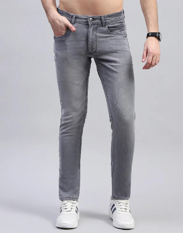 Men's Jeans with Embroidered LogosMen Grey Solid Skinny Fit Denim