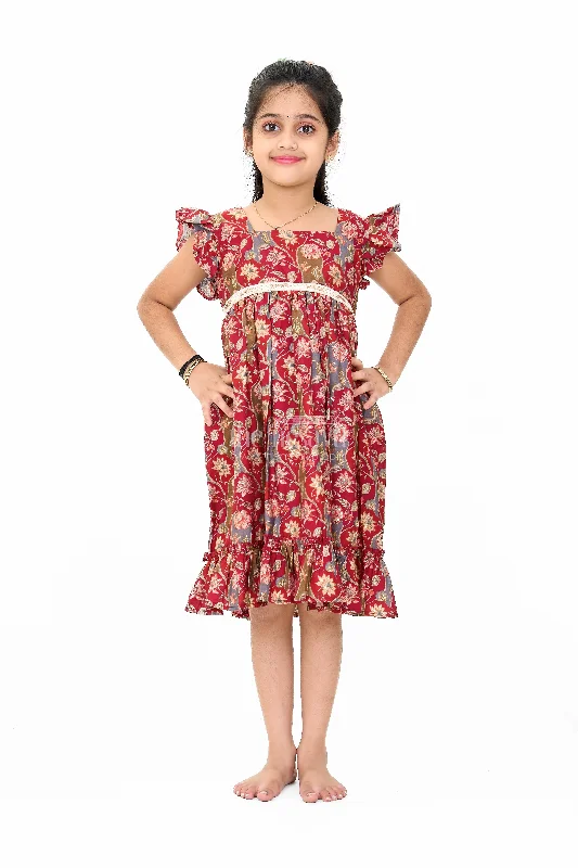 Bell-Sleeve DressParty Wear Gown for Girls in Red Floral Print with Ruffled Hem