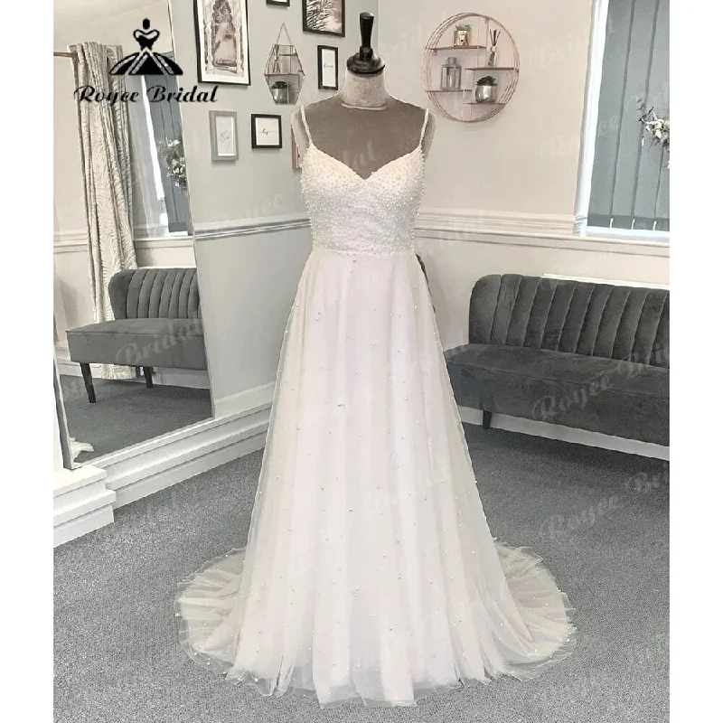 women's maternity dressesSexy Spaghetti Straps Backless V Neck Pearls Wedding Dress Women  Robe Mariee Reception Dress for Bride Vestidos de Novia