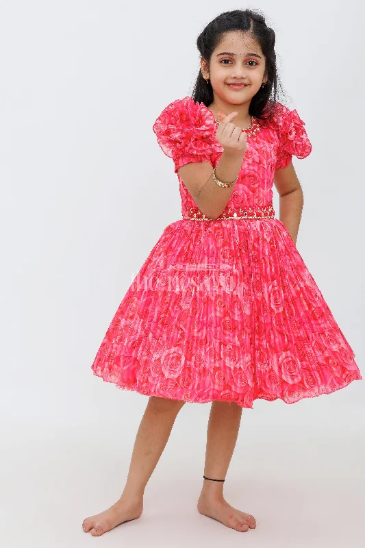 women's spaghetti strap dressesGirls Pink Rose Patterned Party Frock with Puff Sleeves women's spaghetti strap dressesGirls Pink Rose Patterned Party Frock with Puff Sleeves