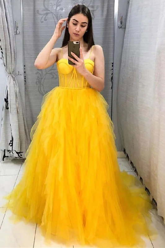 Party DressVivian | Spaghetti Straps Yellow Tulle Long Formal Dress