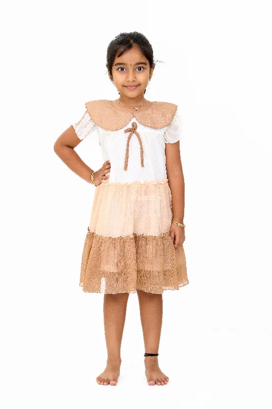 women's satin dressesGirls Fancy Gown Party Wear with Brown Tiered Skirt and Oversized Collar women's satin dressesGirls Fancy Gown Party Wear with Brown Tiered Skirt and Oversized Collar