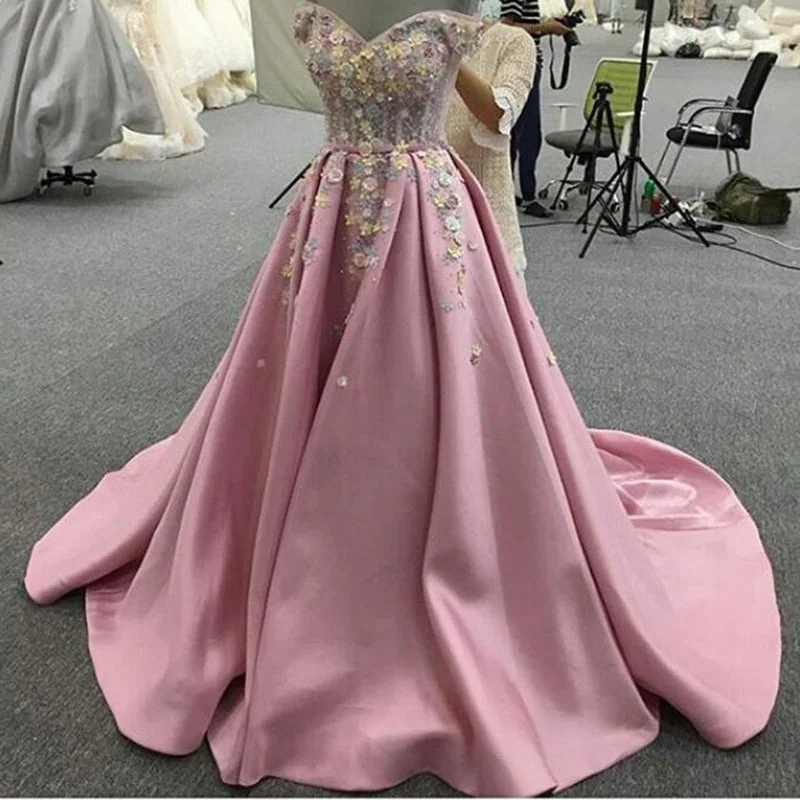 women's trendy dressesPink Off Shoulder Satin Handmade Flowers Lace A Line Prom Dresses Wedding Request Gown women's trendy dressesPink Off Shoulder Satin Handmade Flowers Lace A Line Prom Dresses Wedding Request Gown