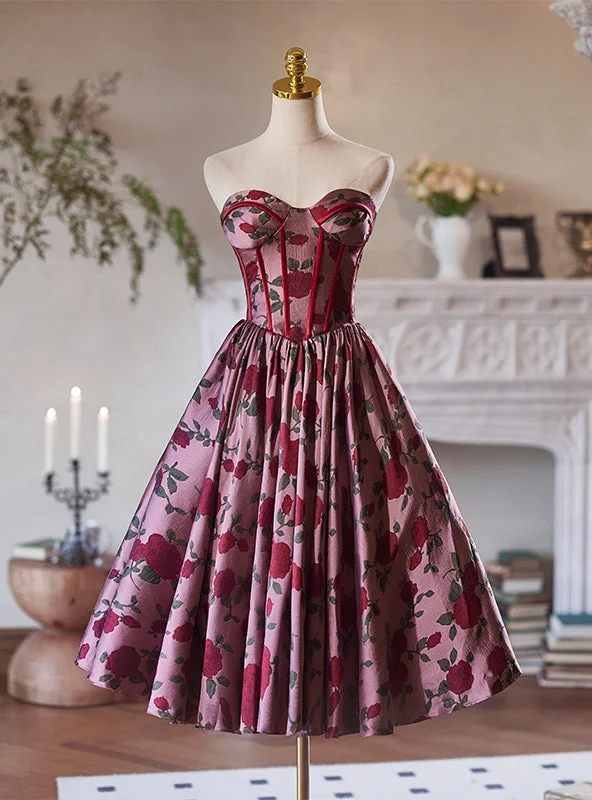 Ball Gown DressBurgundy Print Sweetheart Print Homecoming Dress