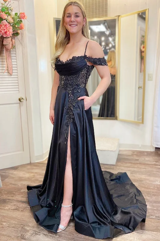 women's boho dressesCold-Shoulder Beaded A-Line Formal Dress with Slit