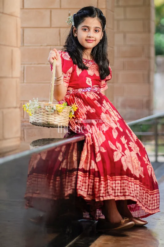 women's limited-edition dressesGirls Burgundy Party Gown with Floral Print and Puff Sleeves