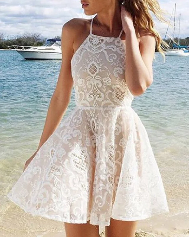 Prom DressHalter Ivory/Nude Short Homecoming Dress ,Semi Formal Short Cocktail Dress with Criss Back